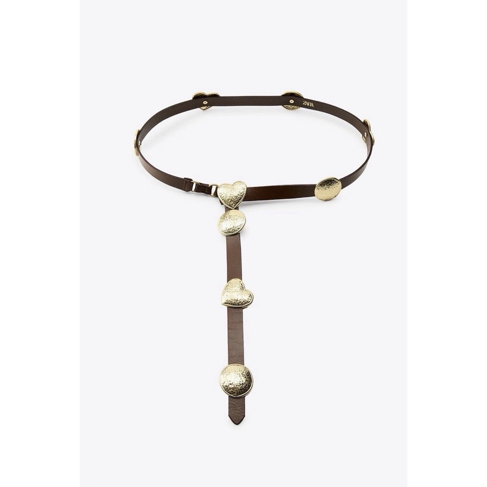 Zara Gold Concho Heart Belt Leather Brown Western Festival Bohemian Medallion
